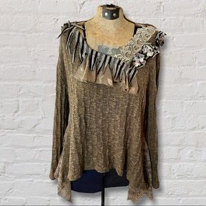 Zba Tan Brown Fringed Beaded Floral Neckline Asymmetrical Hem Long Sleeve Top